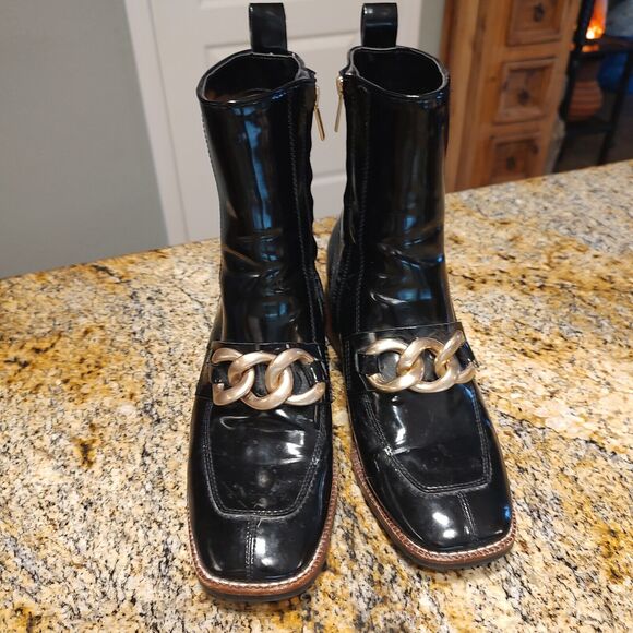 Steve Madden Loreen Black Patent Chunky Heel Gold Chain Mid Calf Boot Sz 8.5M - Picture 8 of 12